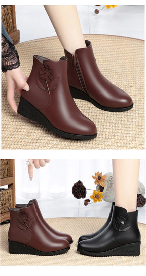 Bota de Couro Casual Pelúciada Flower