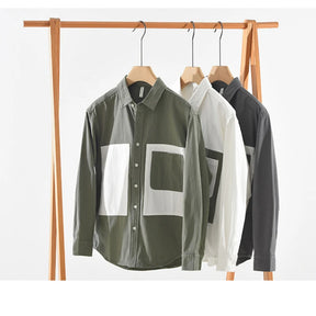 Camisa Social Masculina De Duas Cores Moda Retalhos Com Bolsos Grandes