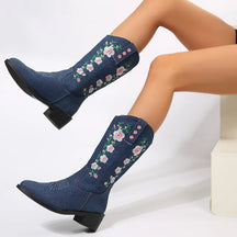 Bota Country Feminina Bordado Flores Salto Baixo Moda Outono