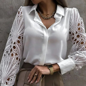 Camisa Feminina Manga Longa De Renda Moda Vintage Elegante