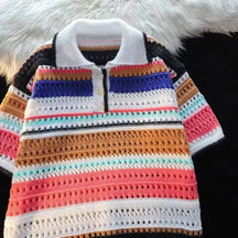 Camisa De Tricô Masculina Gola Polo Com Estampa de Listras Moda Respirável