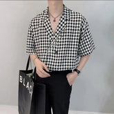 Camisa Masculina De Xadrez Com Lapela Gola V Moda Vintage Solta Camisa Respirável