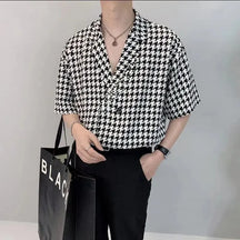 Camisa Masculina De Xadrez Com Lapela Gola V Moda Vintage Solta Camisa Respirável
