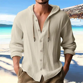 Camisa Masculina Com Capuz Ajustável e Manga Longa Moda Praia