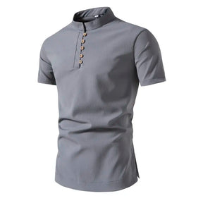 Camisa Masculina Gola Redonda Com Botões Camisa De Cor Sólida