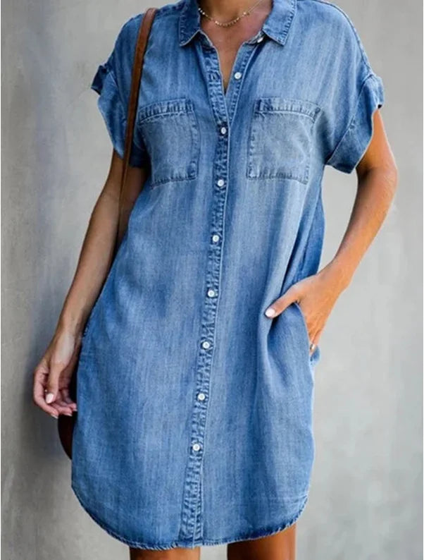 Vestido Curto Malhado Jeans Feminino