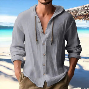 Camisa Masculina Com Capuz Ajustável e Manga Longa Moda Praia