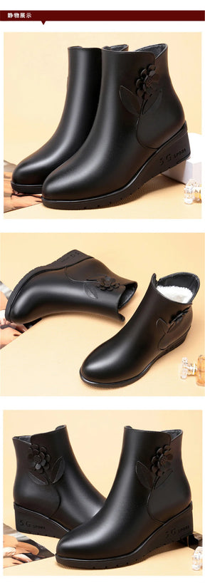 Bota de Couro Casual Pelúciada Flower