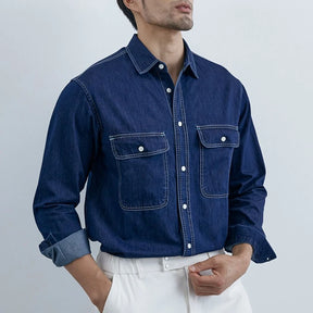 Camisa Jeans Masculina Moda Casual Com Lapela E Botões Camisa De Manga Comprida
