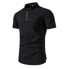 Camisa Masculina Gola Redonda Com Botões Camisa De Cor Sólida