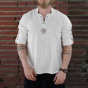 Camisa Masculina De Linho Manga Longa Moda Vintage Gola Com Amarração