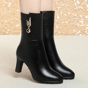 Bota Panturrilha Feminina Com Zíper Na Lateral E Detalhe Dourado Salto Alto Tendência