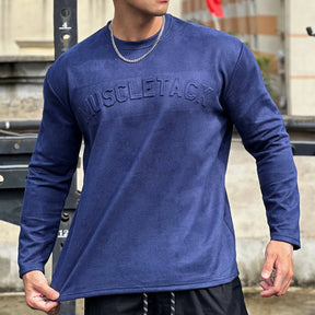 Camisa masculina Esportiva De Manga Longa Com Letras Em Relevo Camisa de Cor Sólida Material De Qualidade
