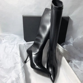 Bota Feminina De Salto Alto Bico Fino Bota Médio Com Zíper Estilo Moderno