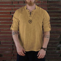Camisa Masculina De Linho Manga Longa Moda Vintage Gola Com Amarração