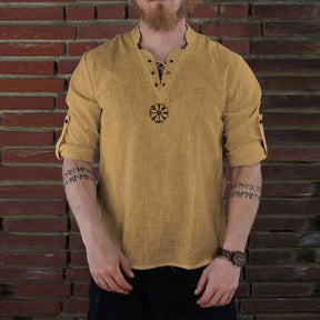 Camisa Masculina De Linho Manga Longa Moda Vintage Gola Com Amarração