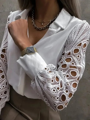 Camisa Feminina Manga Longa De Renda Moda Vintage Elegante