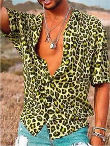 Camisa Masculina Moda Havaiana Com Botões E Estampa Oncinha Camisa Aberta