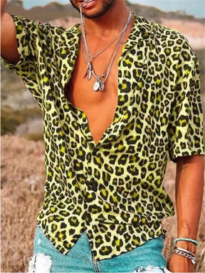 Camisa Masculina Moda Havaiana Com Botões E Estampa Oncinha Camisa Aberta