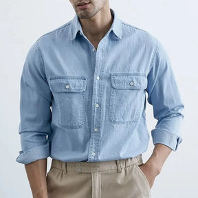 Camisa Jeans Masculina Moda Casual Com Lapela E Botões Camisa De Manga Comprida