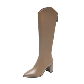 Bota Feminina De Joelho Com Zíper Salto Grosso Moda Outono