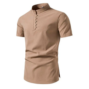 Camisa Masculina Gola Redonda Com Botões Camisa De Cor Sólida
