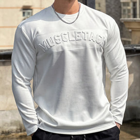 Camisa masculina Esportiva De Manga Longa Com Letras Em Relevo Camisa de Cor Sólida Material De Qualidade