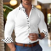 Camisa Social Masculina Com Lapela E Punhos Estampa Coração Tendência