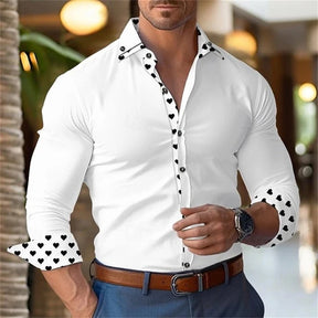 Camisa Social Masculina Com Lapela E Punhos Estampa Coração Tendência