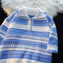 Camisa De Tricô Masculina Gola Polo Com Estampa de Listras Moda Respirável