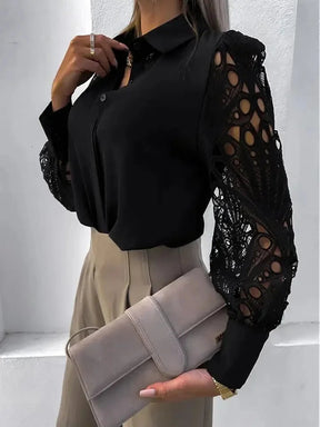 Camisa Feminina Manga Longa De Renda Moda Vintage Elegante