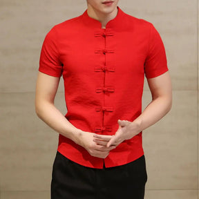 Camisa Masculina estilo Chinês Gola Redonda Com Nó Moda Chique