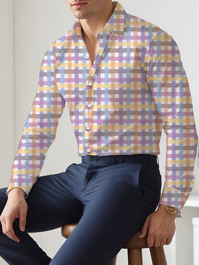 Camisa Casual Masculina Com Gola Lapela  Estampa Xadrez  Detalhe de Botão Moda Casual