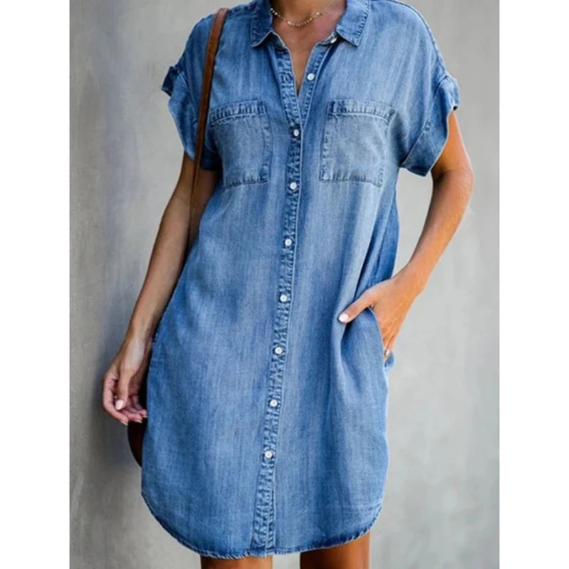 Vestido Curto Malhado Jeans Feminino