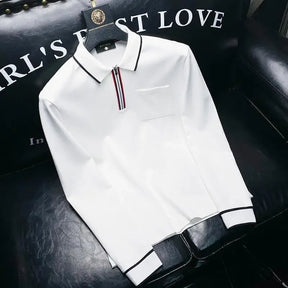 Camisa Masculina Gola Polo De Manga Comprida Com Zíper E Bolso Tendência