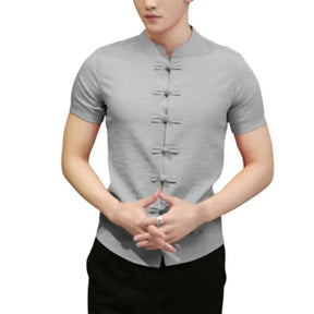 Camisa Masculina estilo Chinês Gola Redonda Com Nó Moda Chique