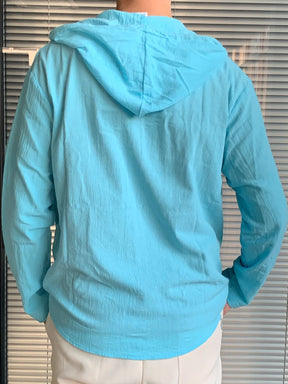 Camisa Masculina Com Capuz Ajustável e Manga Longa Moda Praia